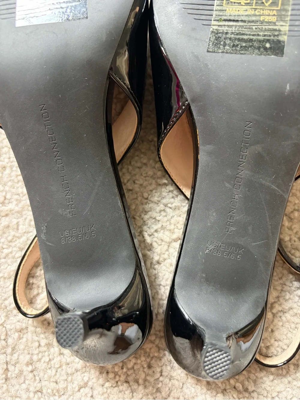 French Connection Black Patent Pointed Toe Slingback Pumps with Bow